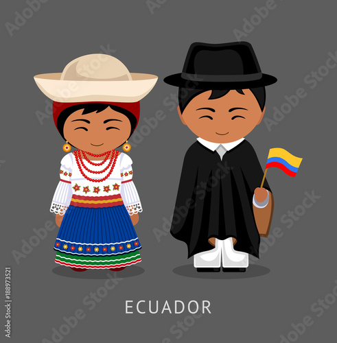Ecuadorians in national dress with a flag. Man and woman in traditional costume. Travel to Ecuador. People. Vector flat illustration.