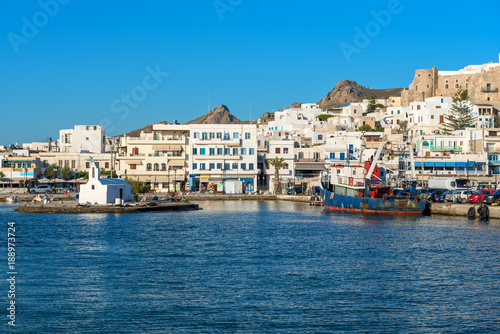 White houses of Naxos (Chora) town in port on Naxos island. Greece