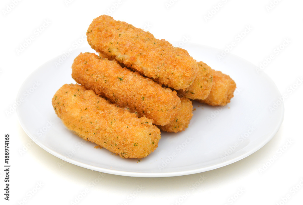 Mozzarella cheese sticks on white plate on white background