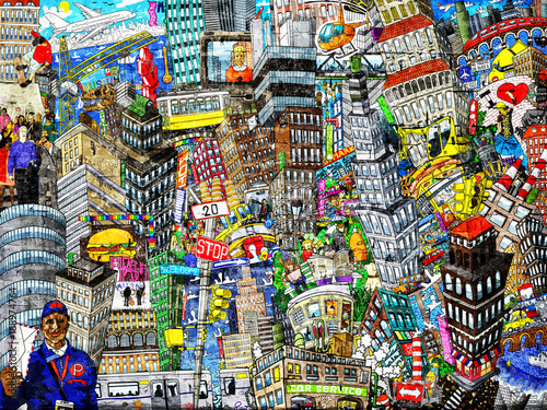 graffiti-city-an-illustration-of-a-large-collage-with-houses-cars-and-people