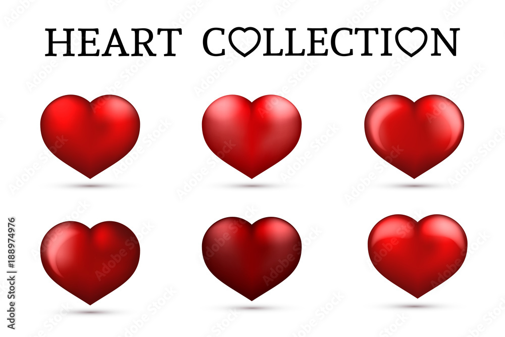 Red heart collections. Set of six realistic hearts isolated on white background. 3d icons. Valentine’s day vector illustration. Easy to edit design template.