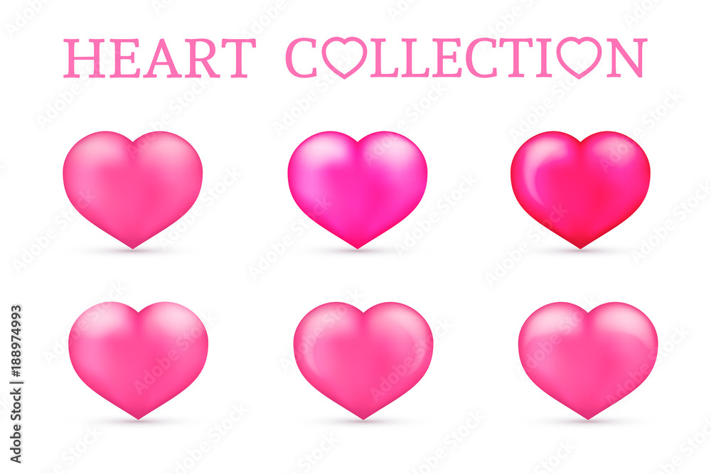 Pink heart collections. Set of six realistic hearts isolated on white background. 3d icons. Valentine’s day vector illustration. Easy to edit design template.