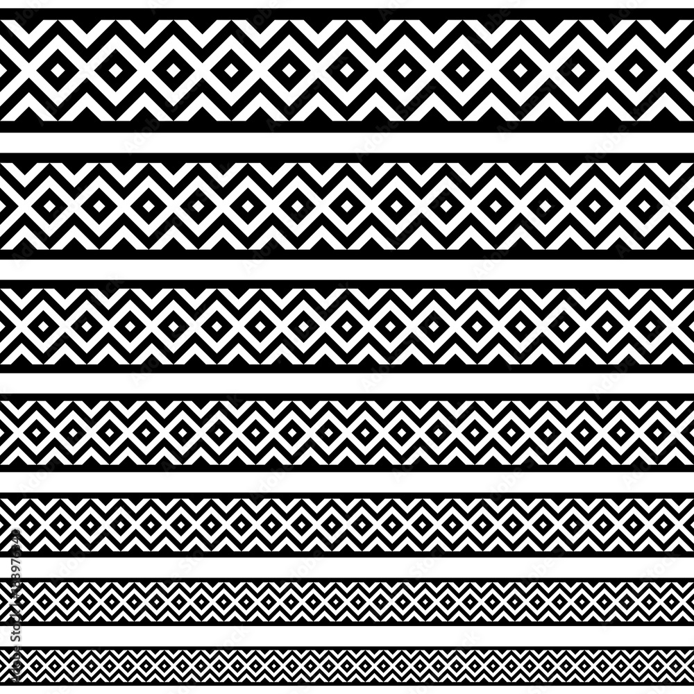 Border decoration elements patterns in black and white colors. Geometrical ethnic border in different sizes set collections. Vector illustrations Border decoration elements patterns in black and white colors. Geometrical ethnic border in different sizes set collections. Vector illustrations