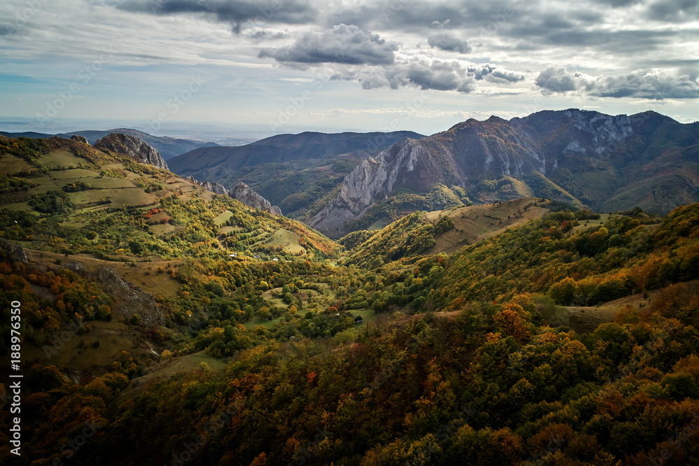 aerial view of Carpathian mountains countryside in autumn morning, Romania