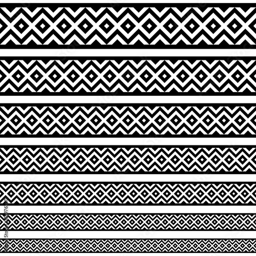 Border decoration elements patterns in black and white colors. Geometrical ethnic border in different sizes set collections. Vector illustrations
