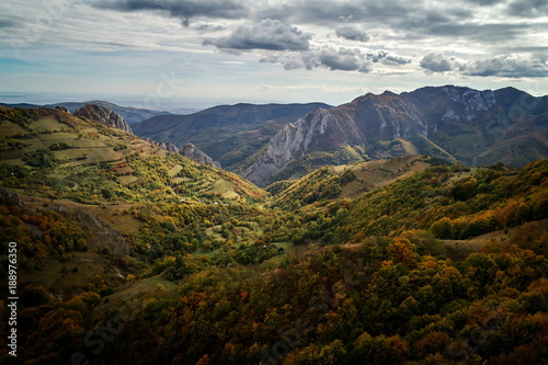 aerial view of Carpathian mountains countryside in autumn morning  Romania