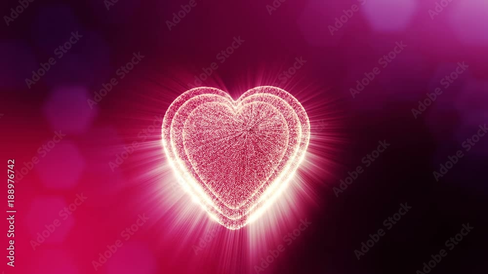 Looped 3d animation of glow particles form 3d red heart with depth of field and bokeh. For valentines day or wedding background as seamless background with space for text and light rays. V34 Looped 3d animation of glow particles form 3d red heart with depth of field and bokeh. For valentines day or wedding background as seamless background with space for text and light rays. V34