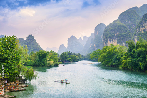 Landscape of Guilin, Li River and Karst mountains. Located in Yangshuo, Guilin, Guangxi, China.