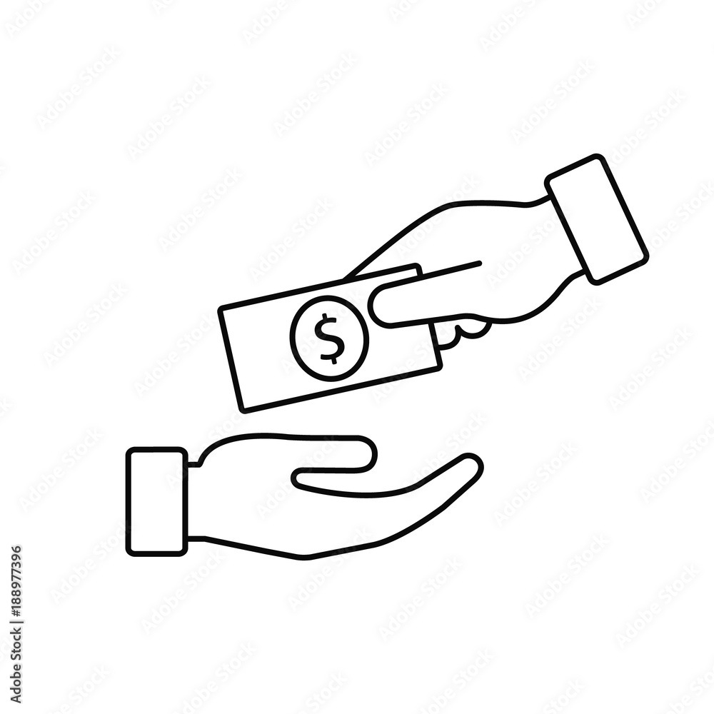 Hand giving money to another hand line icon. Vecor outline illustration