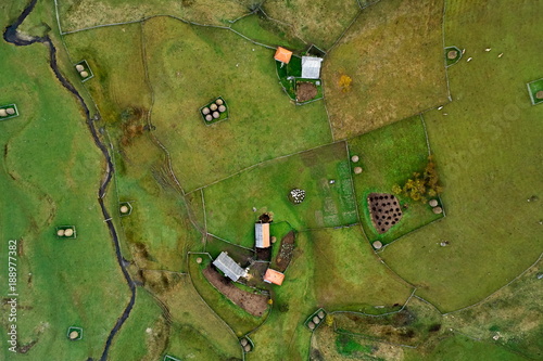 mountain landscape in autumn morning - Fundatura Ponorului, Romania - aerial view photo