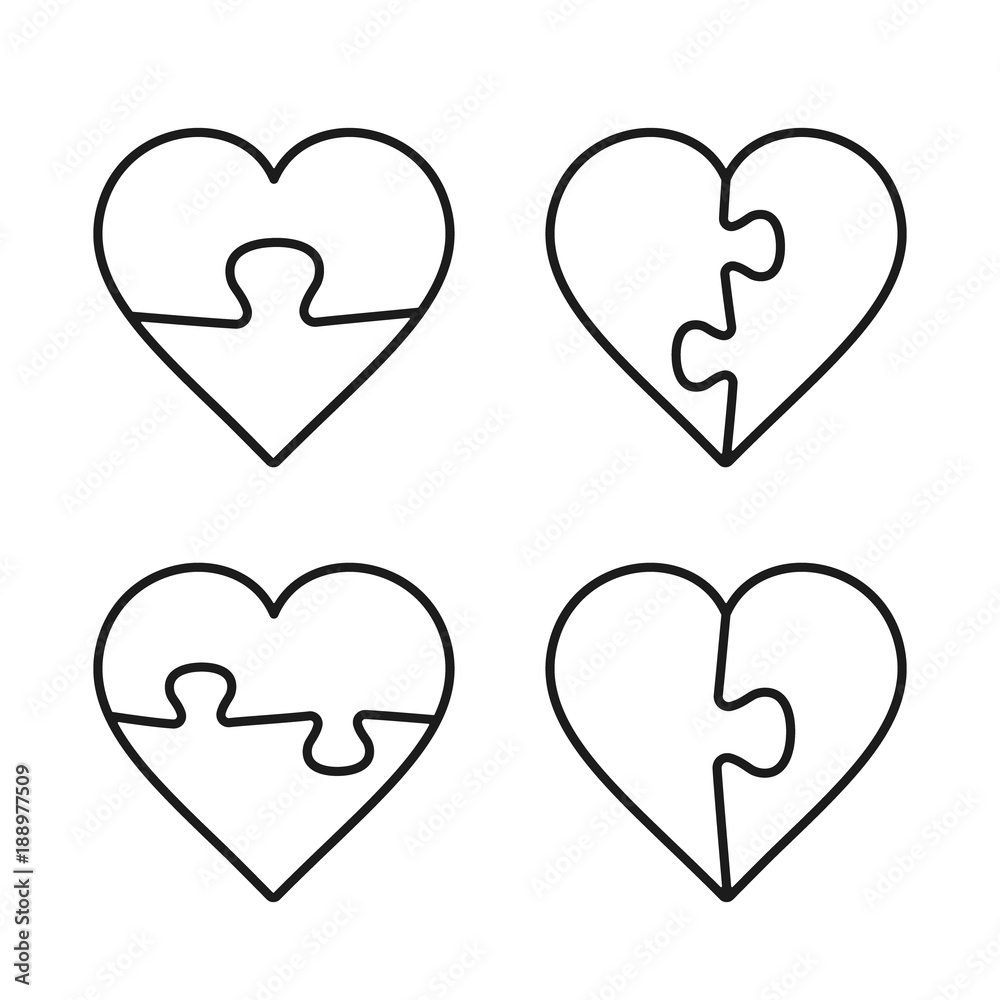 Heart Puzzle Line Icon Set. Vector isolated flat design outline