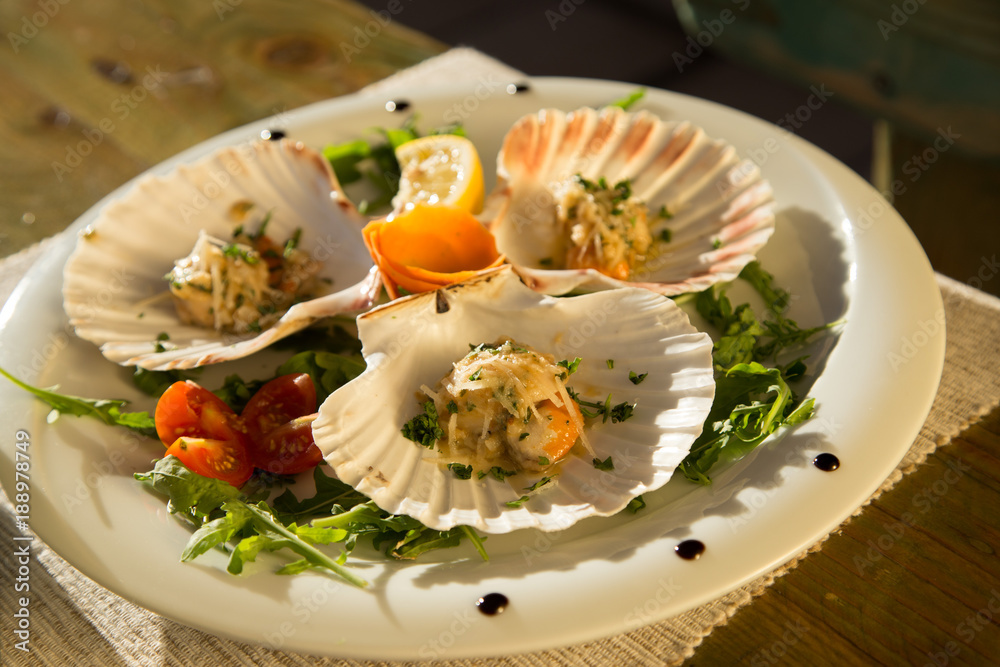 Scallops, served in restaurant Croatia. Scallops, served in restaurant Croatia.