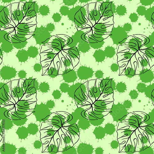 Wallpaper Mural Monstera leaf tropical plant ink line art hand drawn sketch seamless pattern texture background vector Torontodigital.ca