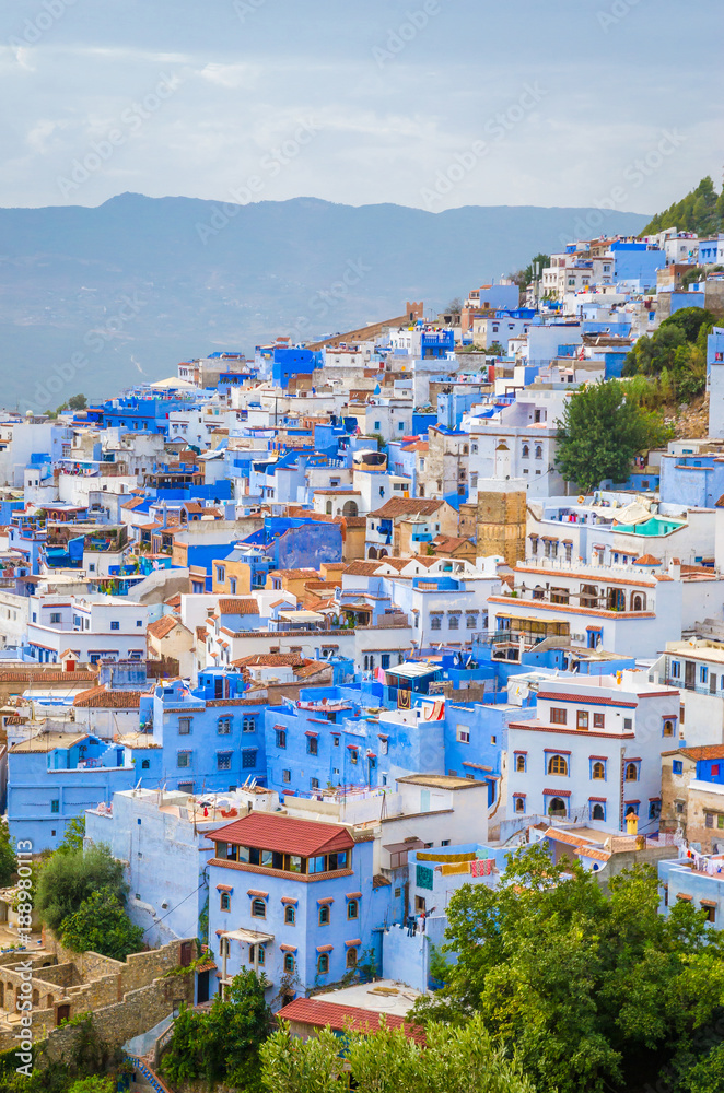 Aerial view of blue medina of city Chefchaouen, Morocco, Africa.