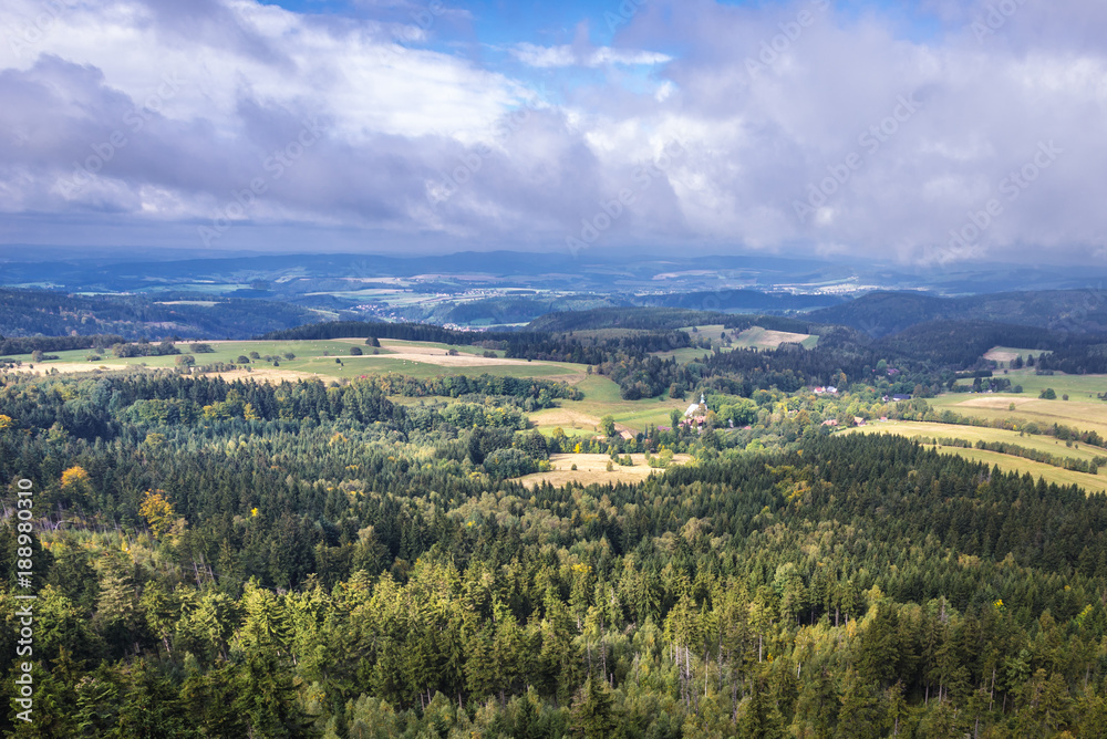 Aerial view from Szczeliniec Wielki massif in Table Mountains National Park in Sudetes, Poland