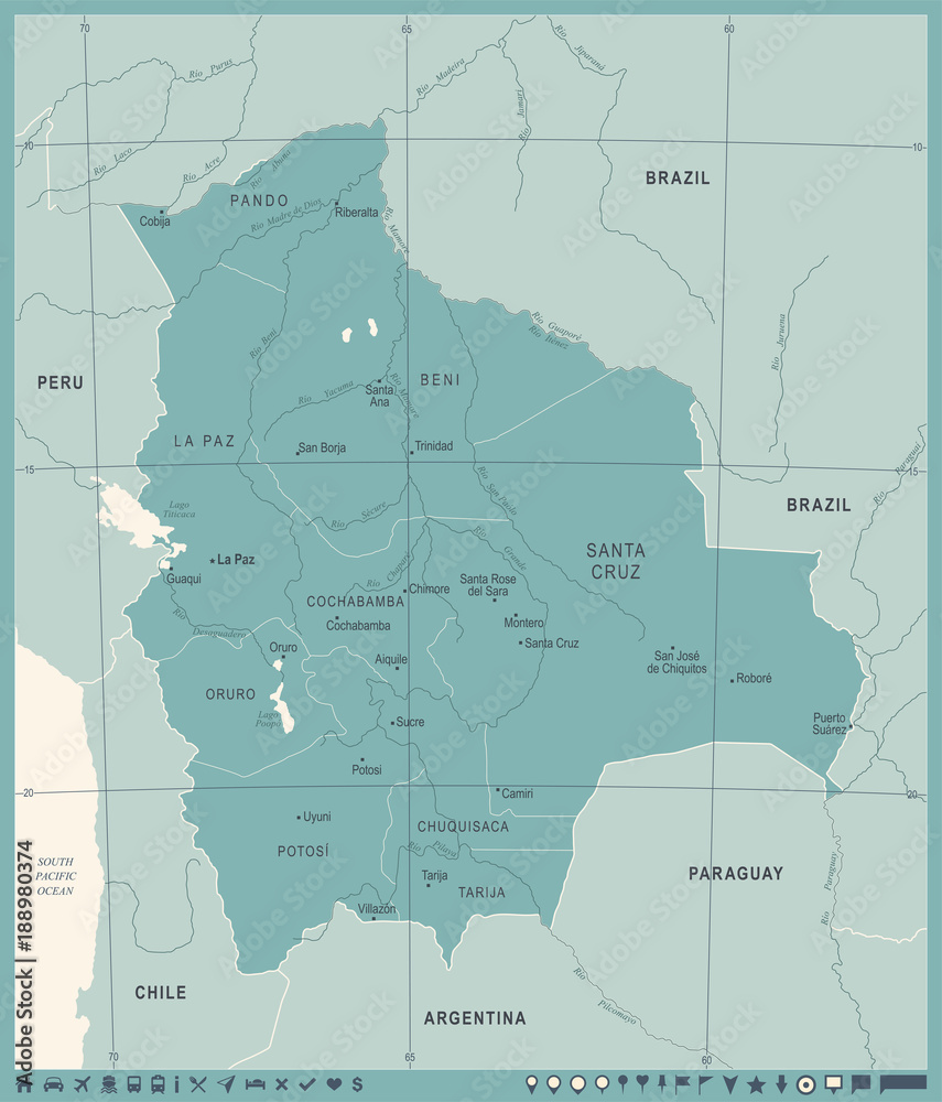 Fototapeta premium Mapa Boliwii - Vintage Szczegółowa ilustracja wektorowa