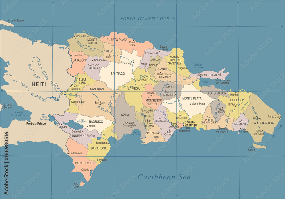 Dominican Republic Map - Vintage Detailed Vector Illustration