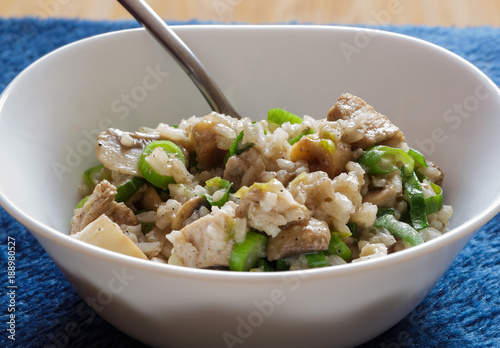 Pork and mushroom Stroganoff with rice on view