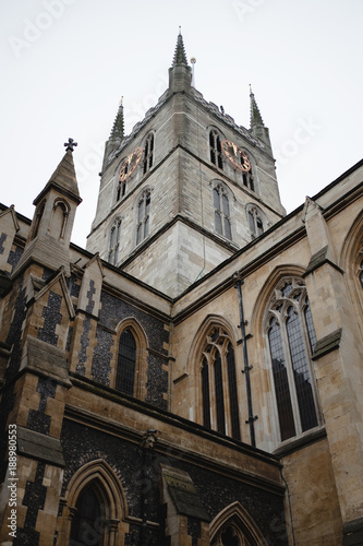 Looking upward at a cathedral tower