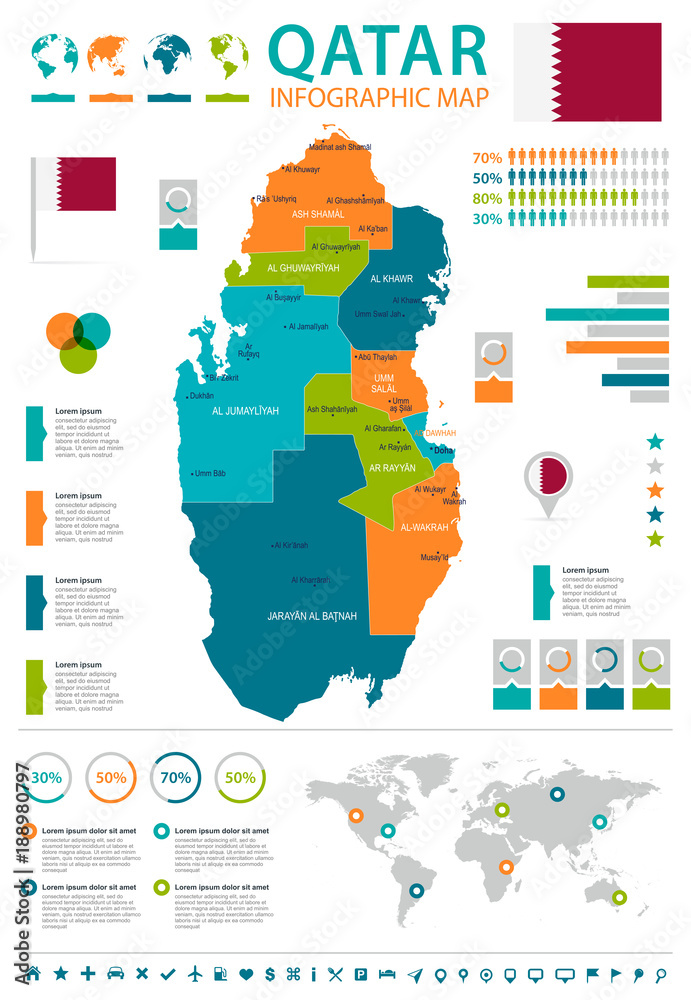 Qatar - infographic map and flag - Detailed Vector Illustration Stock ...