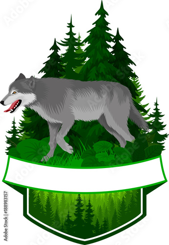 vector woodland emblem with gray wolf