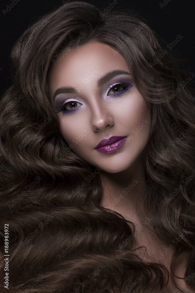 Beautiful girl caucasian with long wavy and shiny hair. Brunette woman with curly hairstyle Beautiful girl caucasian with long wavy and shiny hair. Brunette woman with curly hairstyle