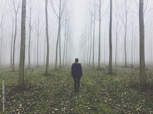 una donna nella foresta nebbia