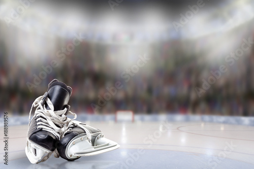Ice Hockey Skates in Arena Rink With Copy Space