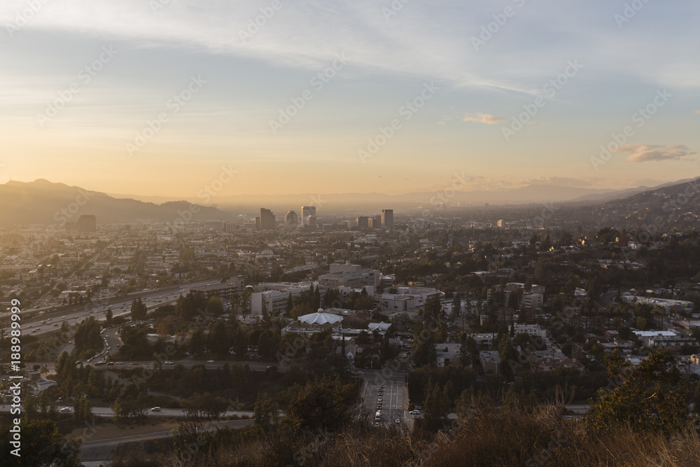Dusk view of downtown Glendale and the San Fernando Valley in Los Angeles California.  