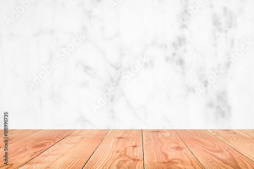 Fototapeta Naklejka Na Ścianę i Meble -  Natural wood table texture on white marble background. texture for add text. use for product display.