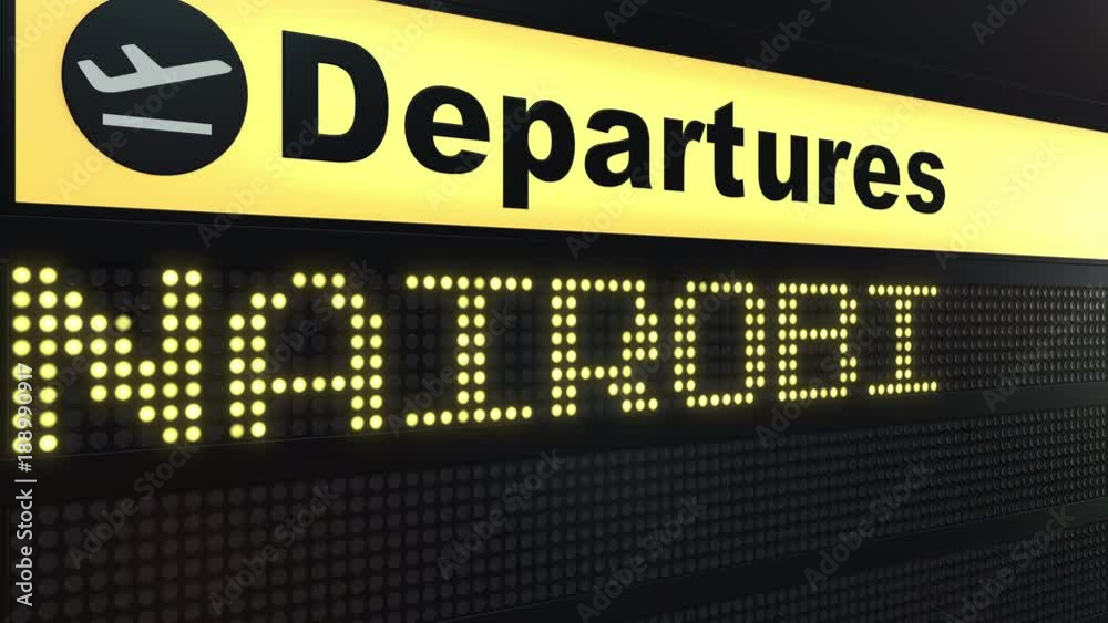 Flight to Nairobi on international airport departures board. Travelling to Kenya conceptual intro animation