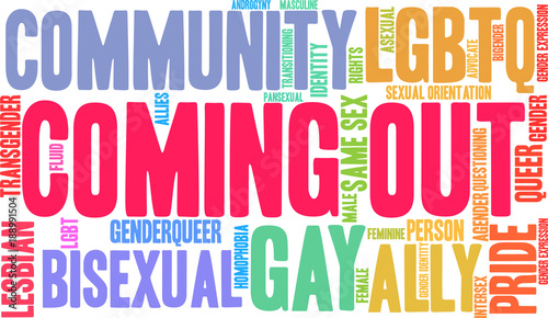 Coming Out Word Cloud on a white background.