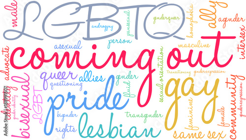 Coming Out LGBTQ word cloud on a white background. 