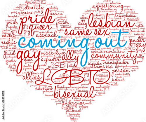 Coming Out LGBTQ word cloud on a white background. 