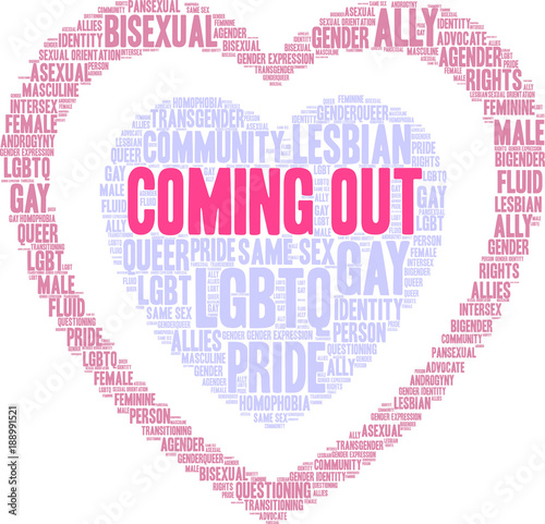 Coming Out LGBTQ word cloud on a white background. 