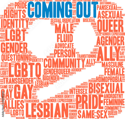 Coming Out LGBTQ word cloud on a white background. 