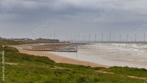 Stray Beach near Redcar and Wind turbines at the North Sea Coast  Redcar and Cleveland  UK