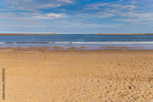 Lighthouse and pier at the North Sea coast of Roker Beach in Sunderland  Tyne and Wear  UK