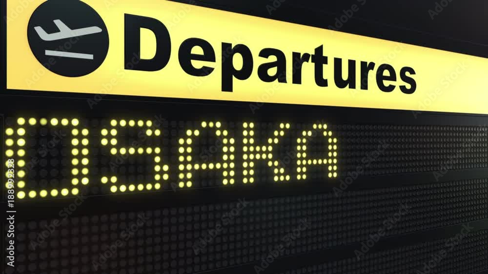 Flight to Osaka on international airport departures board. Travelling to Japan conceptual intro animation