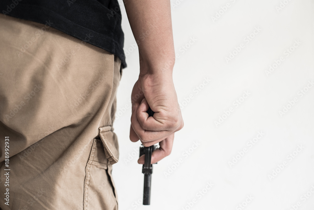 Hand shooting gun on white background.killer concept. Hand shooting gun on white background.killer concept.