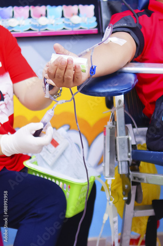 Transfusion Blood Donation , Blood Donor At Health Carnival, Healthcare And Charity Concept
