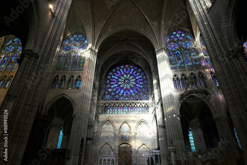 Paris,France-January 19,2018: Stained glass of Basilique Saint-Denis, a Gothic architecture and an architectural landmark in Paris. 