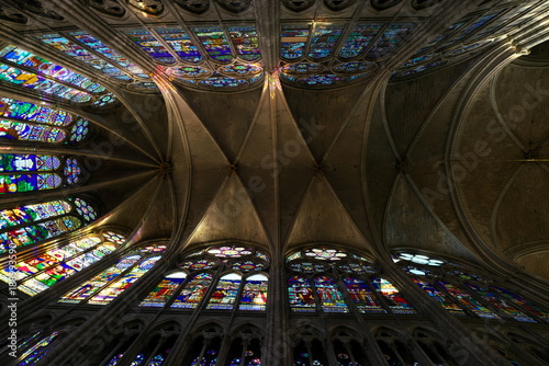 Paris,France-January 19,2018: Stained glass of Basilique Saint-Denis, a Gothic architecture and an architectural landmark in Paris.
