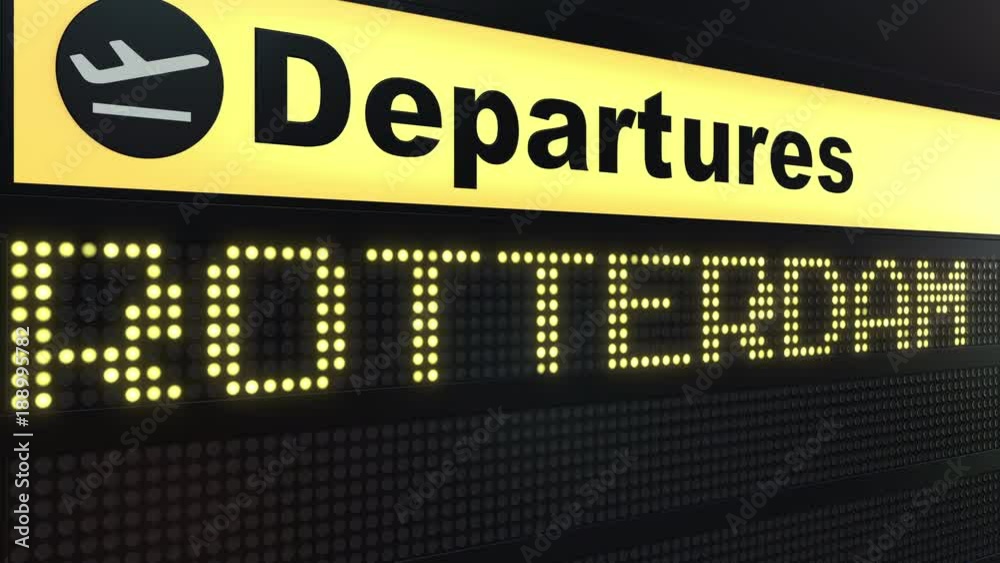 Flight to Rotterdam on international airport departures board. Travelling to Netherlands conceptual intro animation Flight to Rotterdam on international airport departures board. Travelling to Netherlands conceptual intro animation