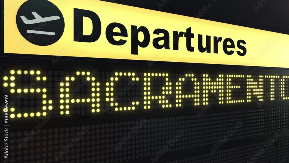 Flight to Sacramento on international airport departures board. Travelling to the United States conceptual intro animation