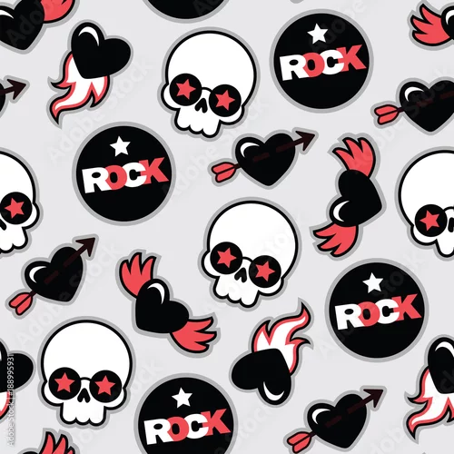 Tapety wektorowy bezszwowy skała wzór z czaszką i sercami