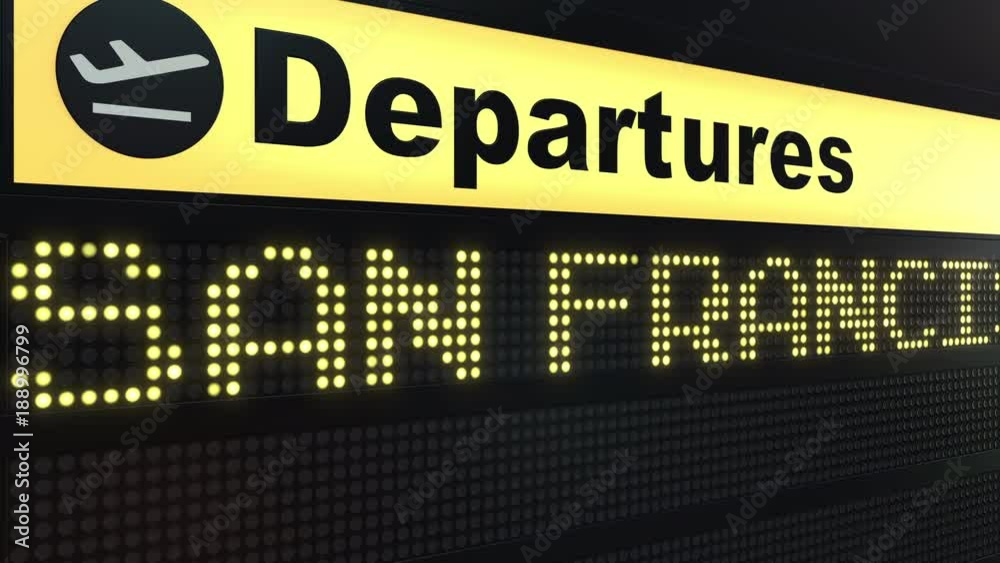 Flight to San Francisco on international airport departures board. Travelling to the United States conceptual intro animation