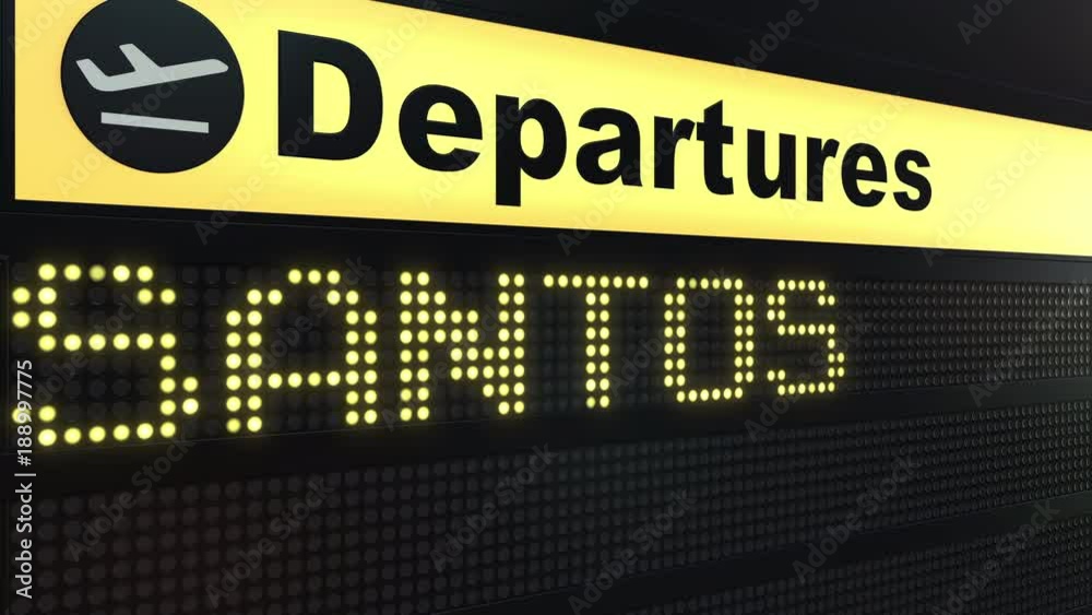 Flight to Santos on international airport departures board. Travelling to Brazil conceptual intro animation Flight to Santos on international airport departures board. Travelling to Brazil conceptual intro animation
