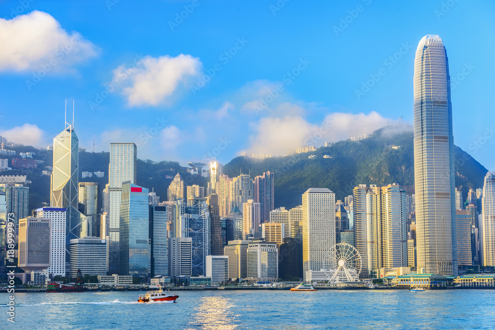 Hong Kong. Victoria Harbour and Hong Kong Central. Taken from Avenue of Stars. Located in Hong Kong. - obrazy, fototapety, plakaty 