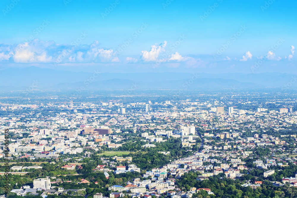 Aerial view of Chiang Mai City, taken from Doi Suthep Mountain. Located in Chiang Mai, Thailand.